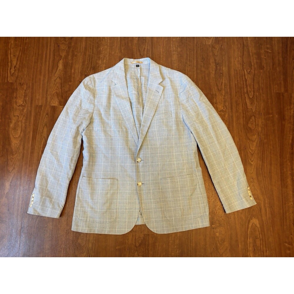 J Crew Blazer Mens 44R Blue Houndstooth Plaid Ludlow Slim Baird McNutt Linen